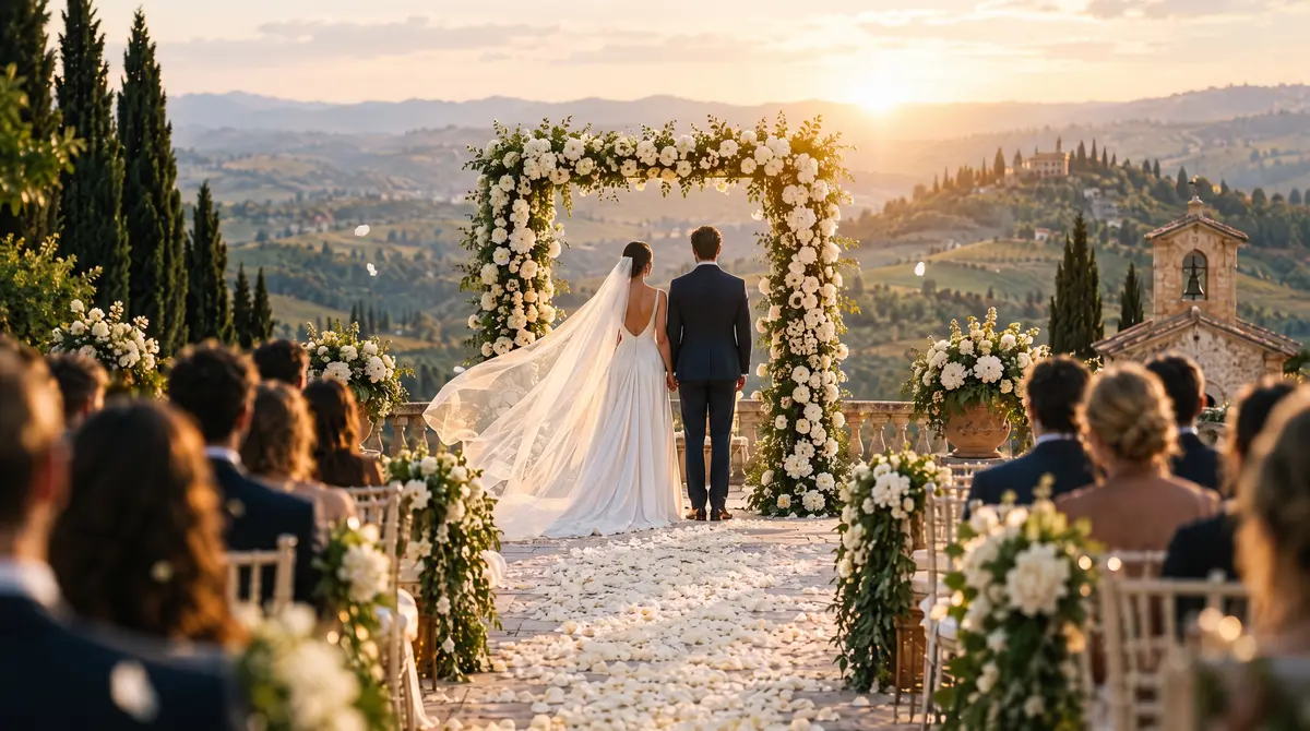 Sposi di spalle sotto l'arco di fiori sulla terrazza della villa, al tramonto